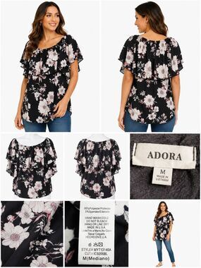 Adora Black Pink Floral Off Shoulder Blouse M Ruffle Sleeve Boho Top